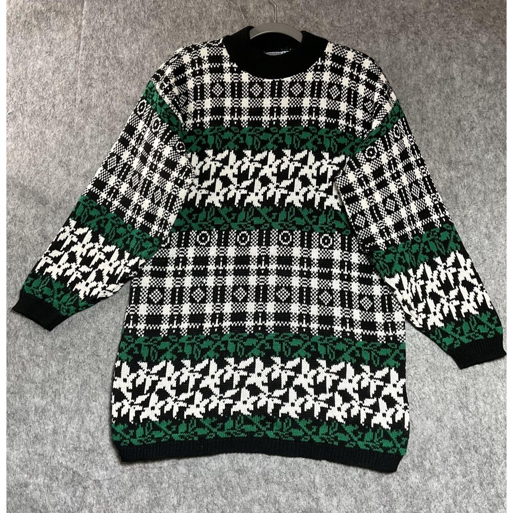 Vintage Sweater Womens Medium Black Green Fair Isle Knit Made USA Retro 90s